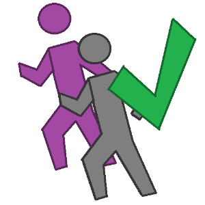 A purple and gray person walking, the gray person overlapping the purple person. To the right is a large green checkmark.